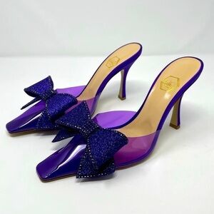 NIB Nalebe By Amina Means Reflections Dimante PVC Glitter Bow Mule Heels Pumps